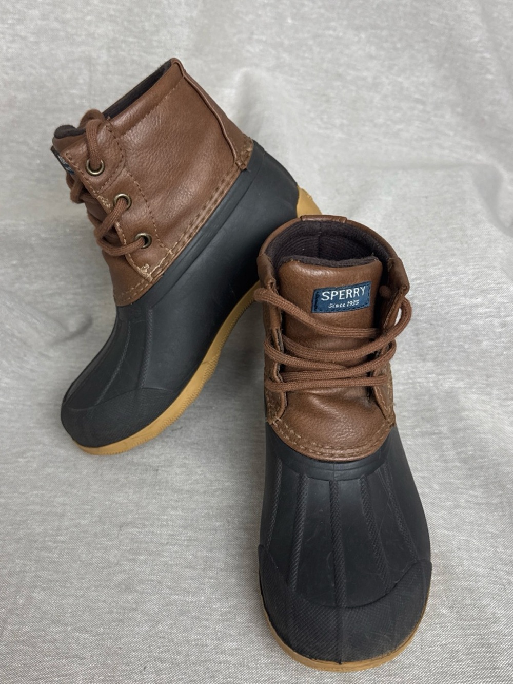 Sperry Kids Brown and Black Waterproof Duck Boots with Tan Outsole